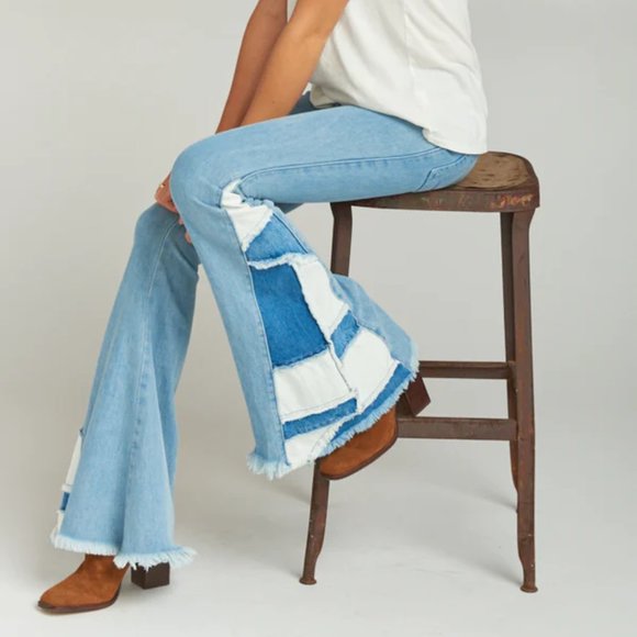 Show Me Your Mumu Light Wash Patchwork Denim High Rise Woodstock Flare Jeans - Picture 7 of 8
